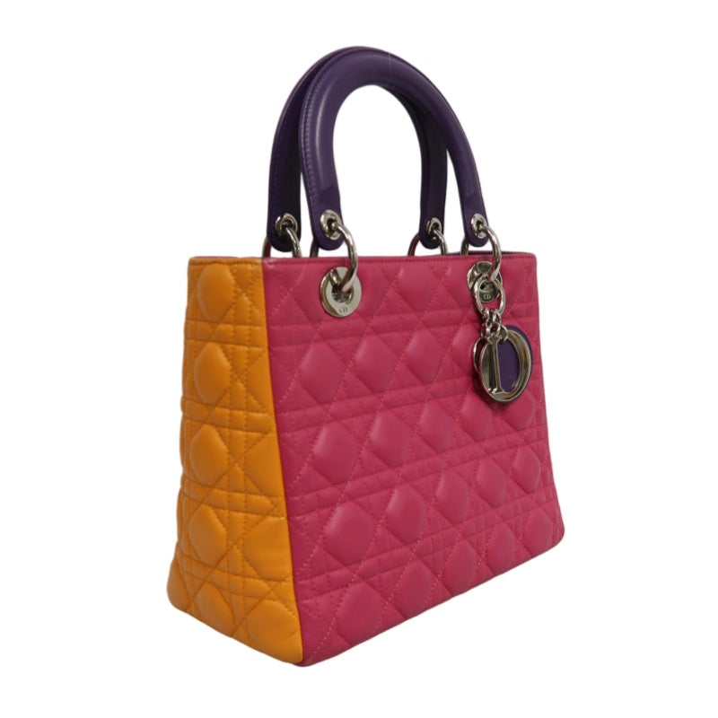 DIOR Colorblock Pink Purple Orange Lambskin Cannage 5-Grid Lady Dior Handbag With Silver Hardwar