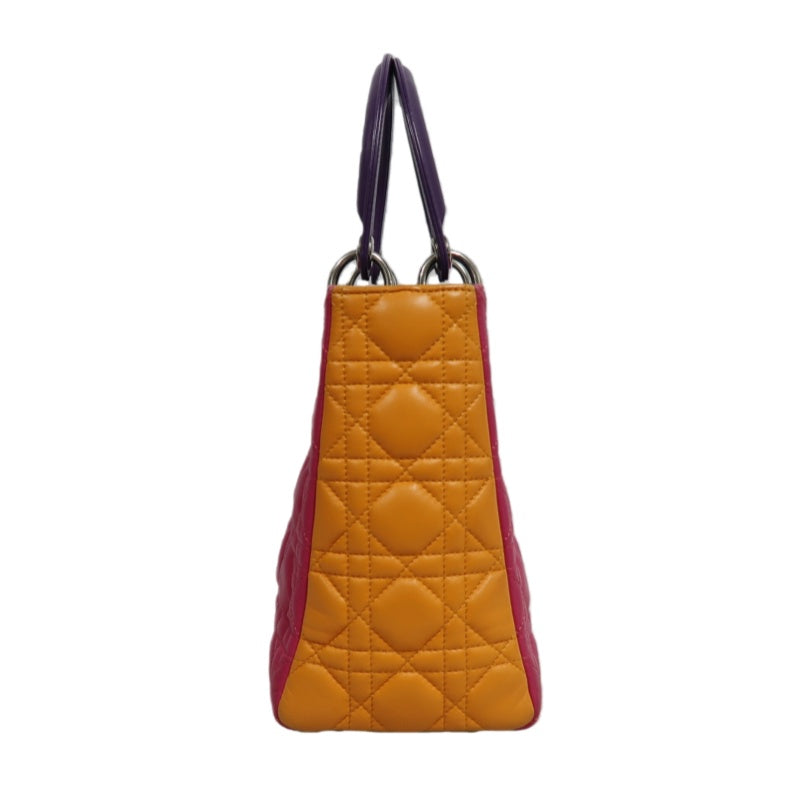DIOR Colorblock Pink Purple Orange Lambskin Cannage 5-Grid Lady Dior Handbag With Silver Hardwar