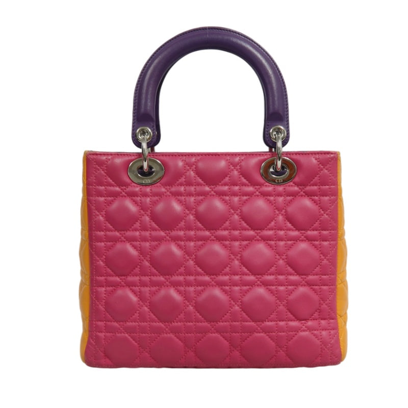 DIOR Colorblock Pink Purple Orange Lambskin Cannage 5-Grid Lady Dior Handbag With Silver Hardwar