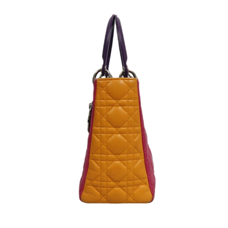 DIOR Colorblock Pink Purple Orange Lambskin Cannage 5-Grid Lady Dior Handbag With Silver Hardwar
