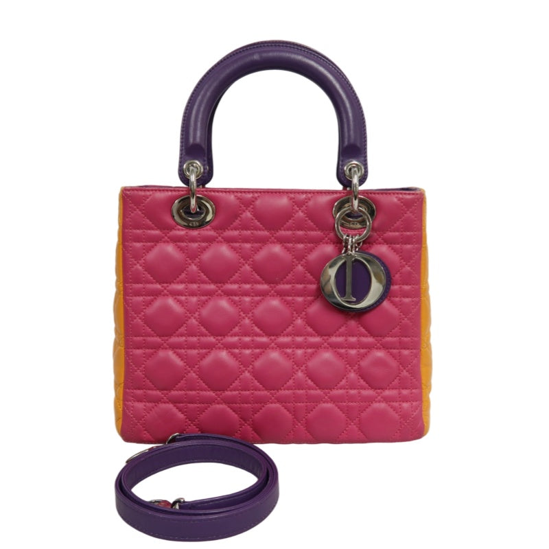 DIOR Colorblock Pink Purple Orange Lambskin Cannage 5-Grid Lady Dior Handbag With Silver Hardwar