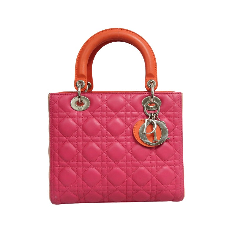 DIOR Lady Dior Cannage Pink Lambskin Leather 5-grid Handle Handbag With Silver Hardware