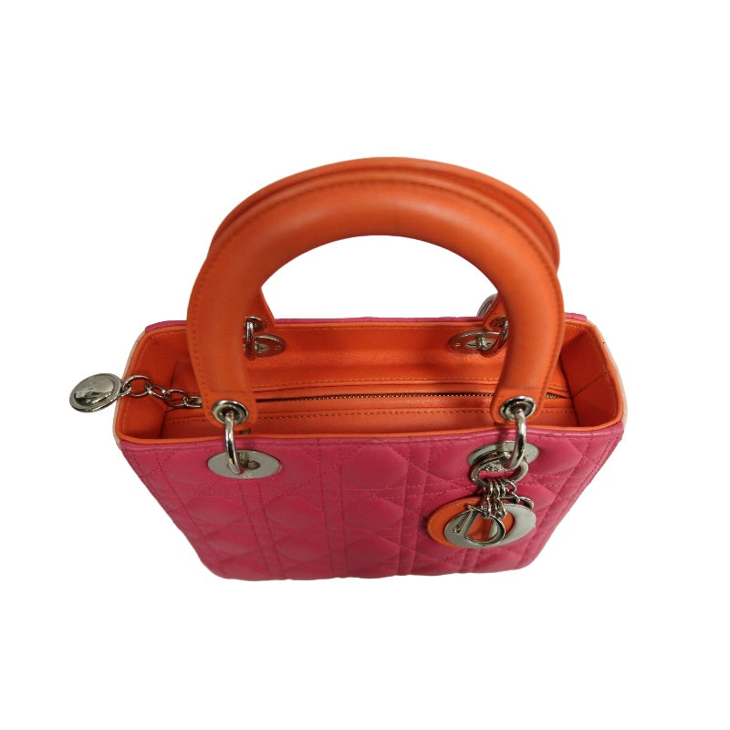 DIOR Lady Dior Cannage Pink Lambskin Leather 5-grid Handle Handbag With Silver Hardware