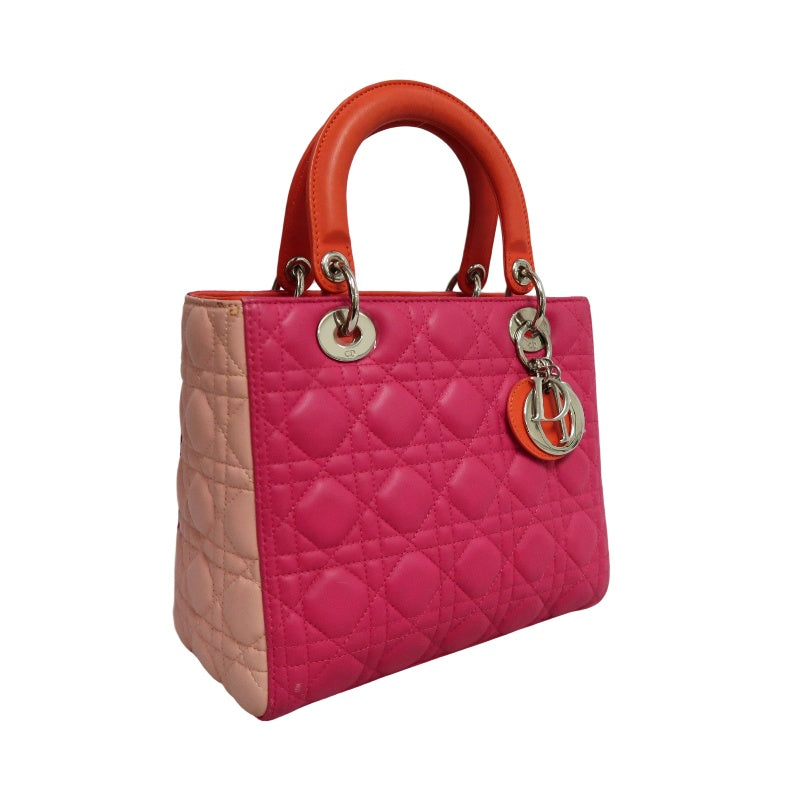 DIOR Lady Dior Cannage Pink Lambskin Leather 5-grid Handle Handbag With Silver Hardware
