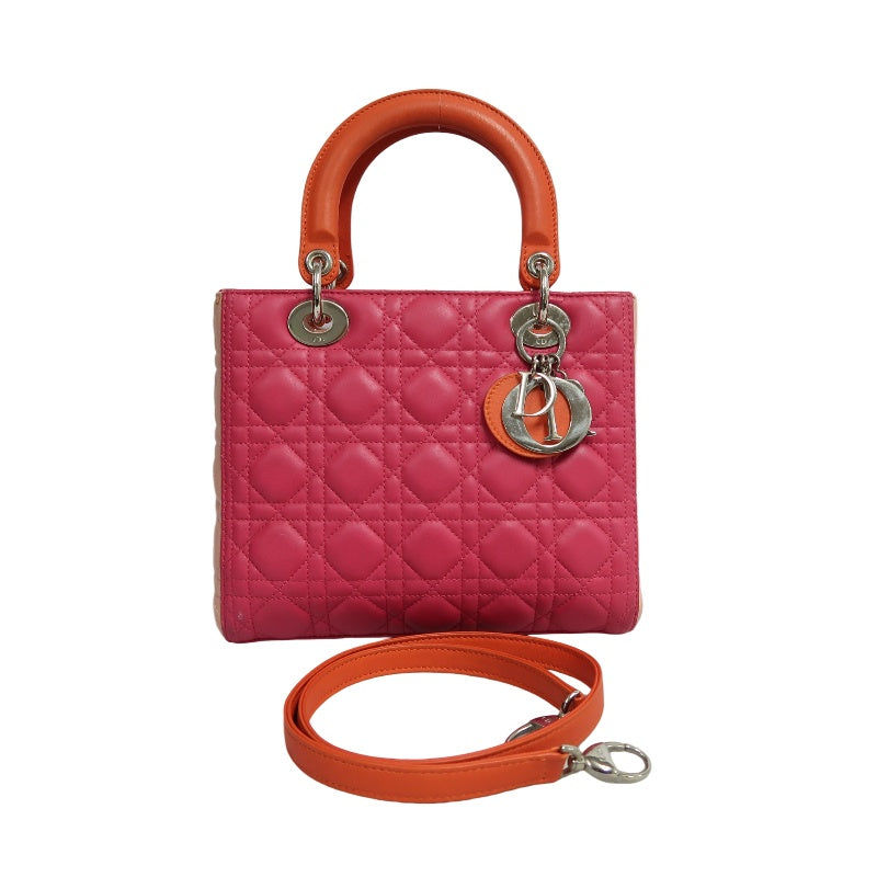 DIOR Lady Dior Cannage Pink Lambskin Leather 5-grid Handle Handbag With Silver Hardware