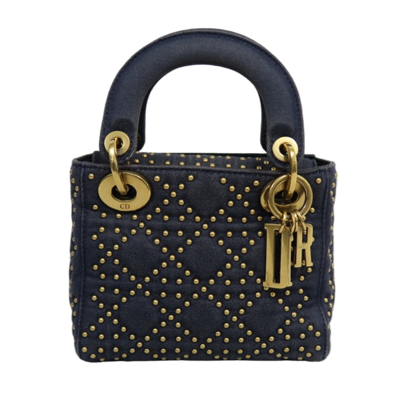 DIOR Lady Dior Cannage Studded Denim Blue Canvas 3-grid Handle Handbag With Gold Hardware