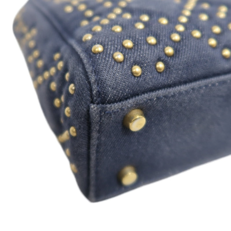 DIOR Lady Dior Cannage Studded Denim Blue Canvas 3-grid Handle Handbag With Gold Hardware