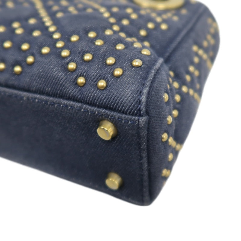 DIOR Lady Dior Cannage Studded Denim Blue Canvas 3-grid Handle Handbag With Gold Hardware