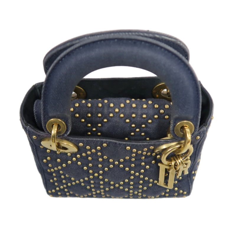 DIOR Lady Dior Cannage Studded Denim Blue Canvas 3-grid Handle Handbag With Gold Hardware