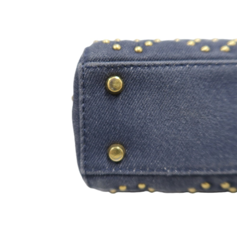 DIOR Lady Dior Cannage Studded Denim Blue Canvas 3-grid Handle Handbag With Gold Hardware