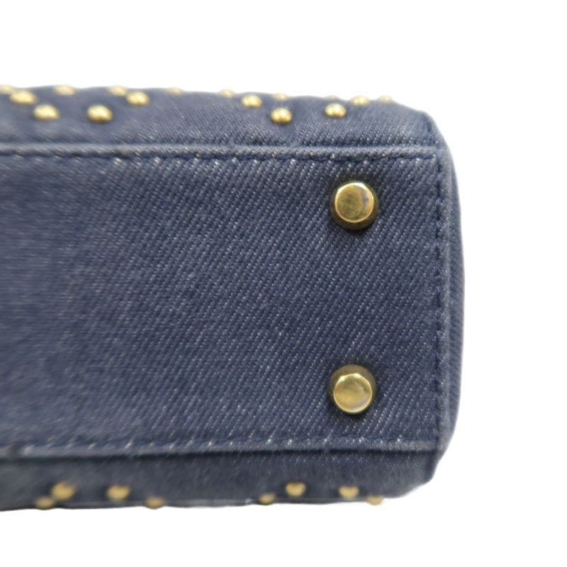 DIOR Lady Dior Cannage Studded Denim Blue Canvas 3-grid Handle Handbag With Gold Hardware