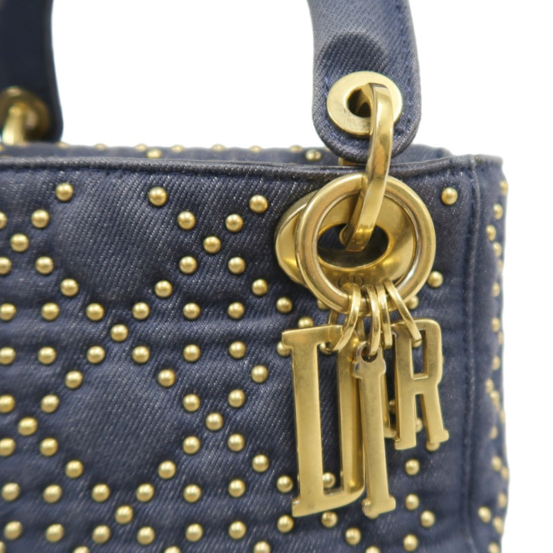 DIOR Lady Dior Cannage Studded Denim Blue Canvas 3-grid Handle Handbag With Gold Hardware