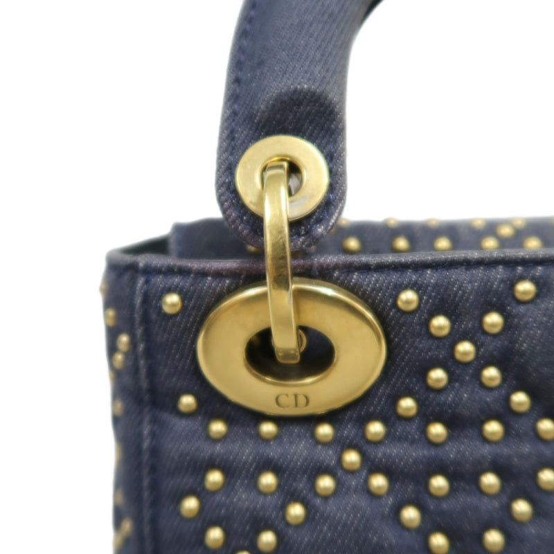 DIOR Lady Dior Cannage Studded Denim Blue Canvas 3-grid Handle Handbag With Gold Hardware