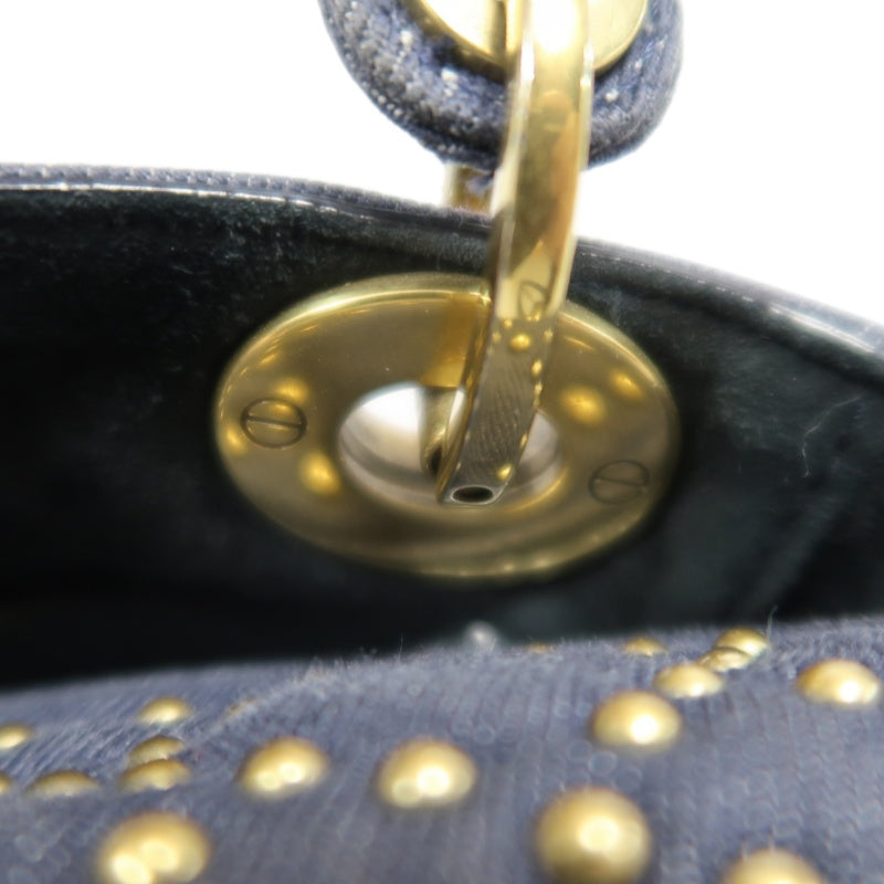 DIOR Lady Dior Cannage Studded Denim Blue Canvas 3-grid Handle Handbag With Gold Hardware