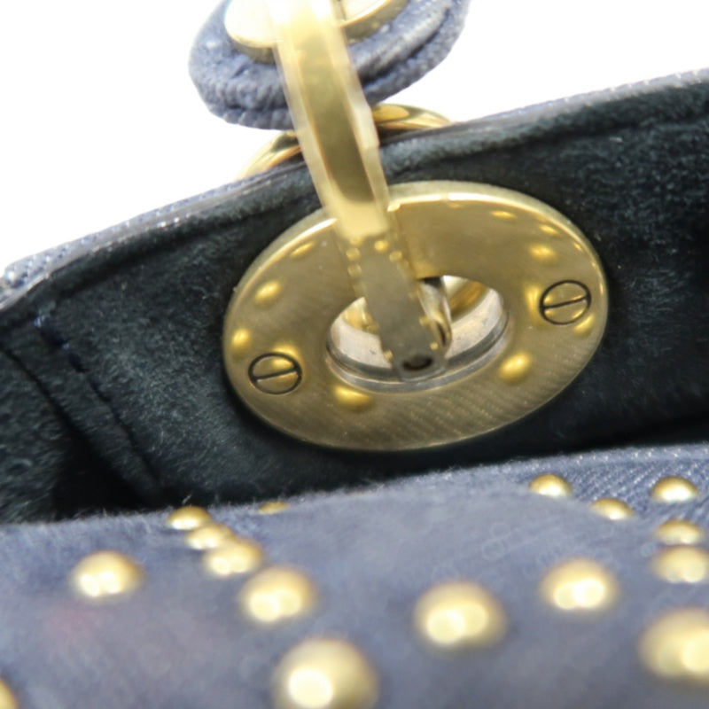 DIOR Lady Dior Cannage Studded Denim Blue Canvas 3-grid Handle Handbag With Gold Hardware