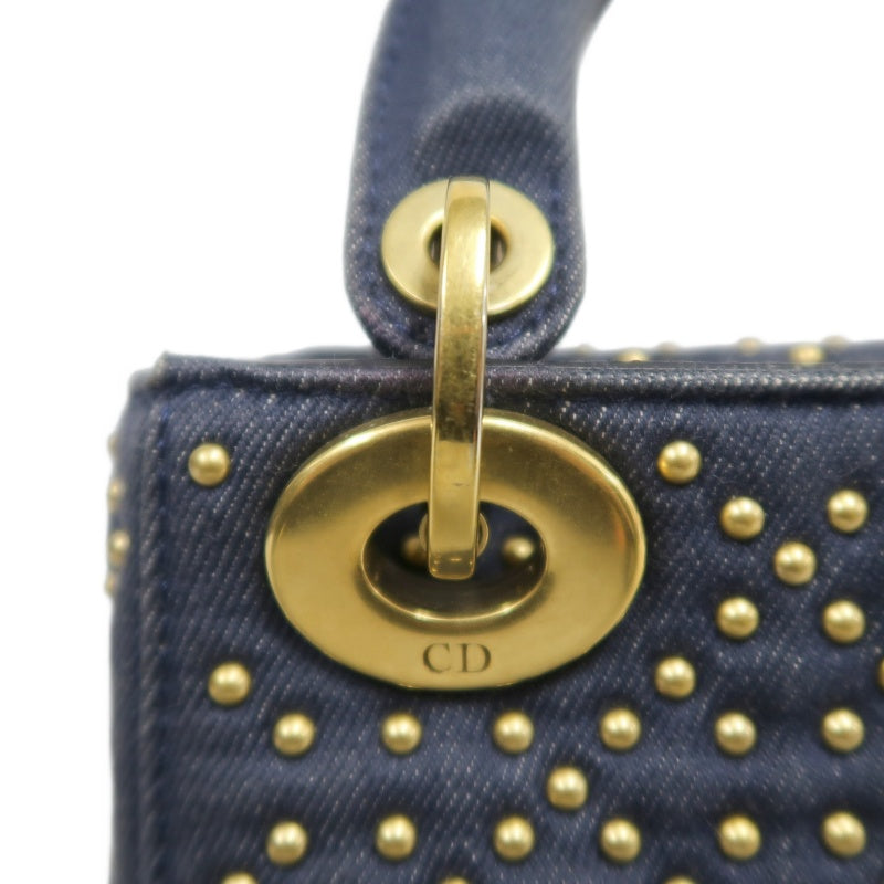 DIOR Lady Dior Cannage Studded Denim Blue Canvas 3-grid Handle Handbag With Gold Hardware