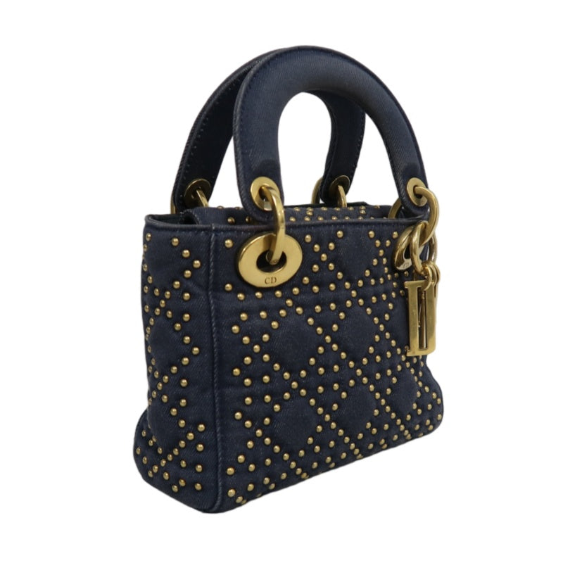 DIOR Lady Dior Cannage Studded Denim Blue Canvas 3-grid Handle Handbag With Gold Hardware