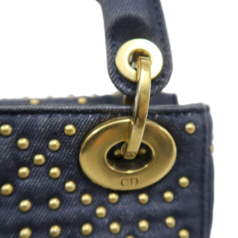 DIOR Lady Dior Cannage Studded Denim Blue Canvas 3-grid Handle Handbag With Gold Hardware