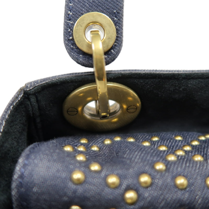DIOR Lady Dior Cannage Studded Denim Blue Canvas 3-grid Handle Handbag With Gold Hardware
