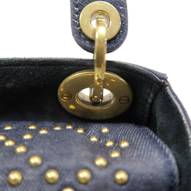 DIOR Lady Dior Cannage Studded Denim Blue Canvas 3-grid Handle Handbag With Gold Hardware