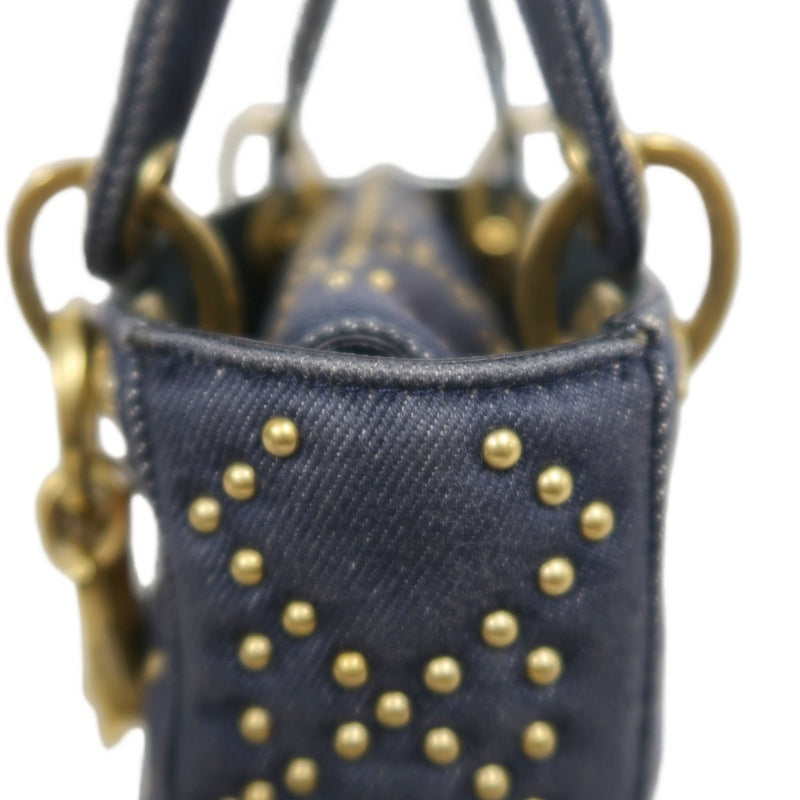 DIOR Lady Dior Cannage Studded Denim Blue Canvas 3-grid Handle Handbag With Gold Hardware