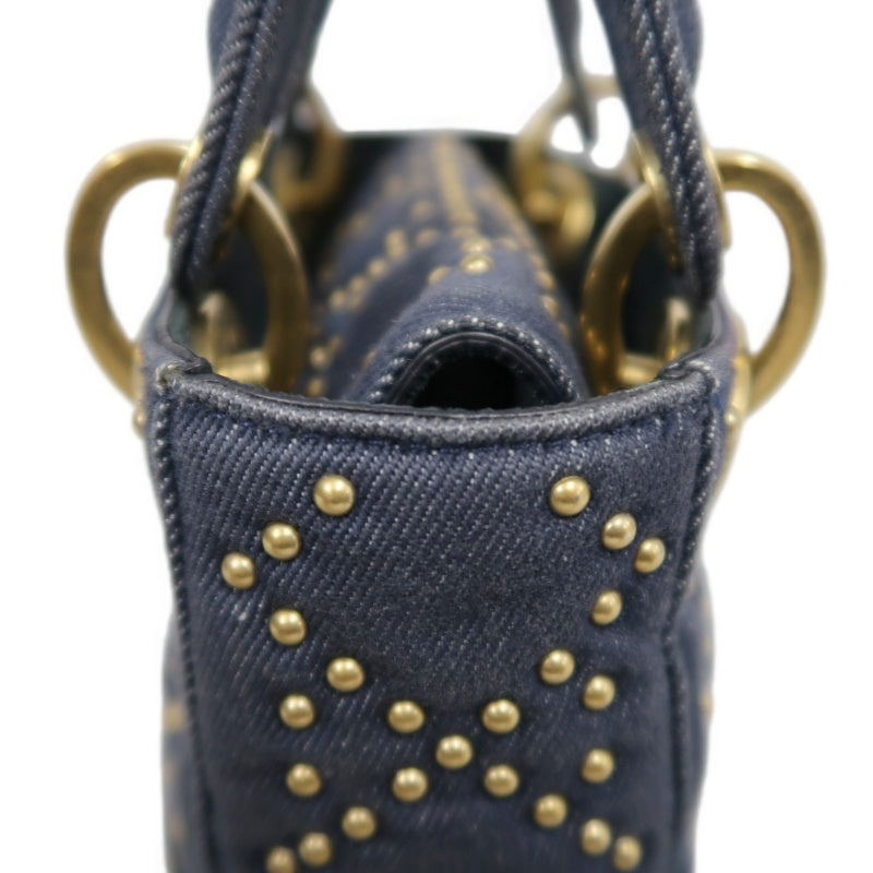 DIOR Lady Dior Cannage Studded Denim Blue Canvas 3-grid Handle Handbag With Gold Hardware