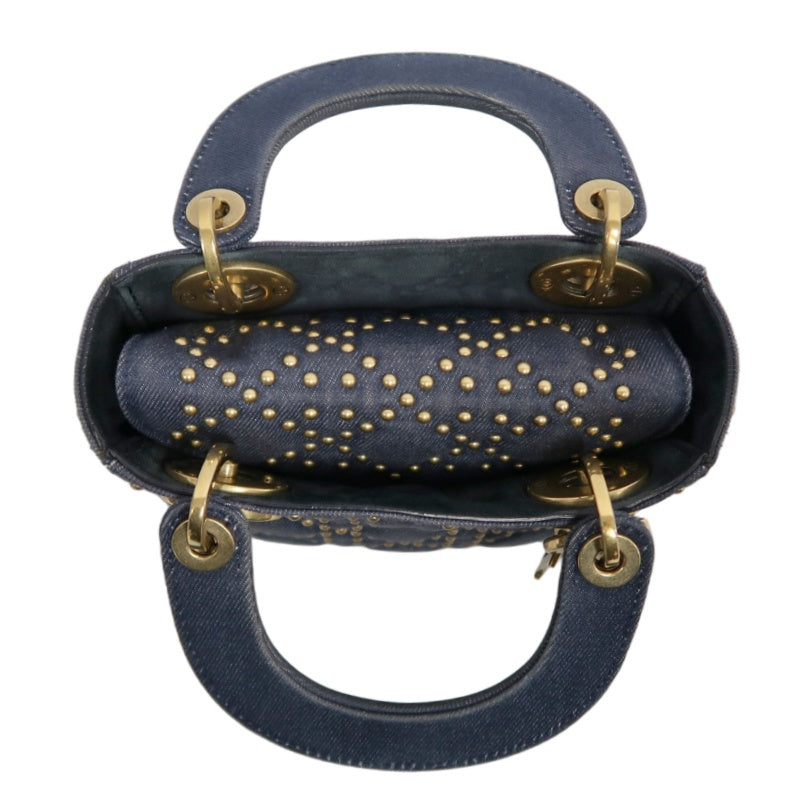 DIOR Lady Dior Cannage Studded Denim Blue Canvas 3-grid Handle Handbag With Gold Hardware