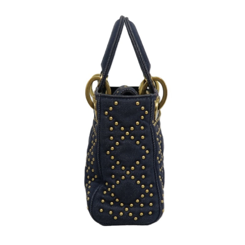 DIOR Lady Dior Cannage Studded Denim Blue Canvas 3-grid Handle Handbag With Gold Hardware
