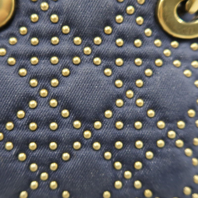 DIOR Lady Dior Cannage Studded Denim Blue Canvas 3-grid Handle Handbag With Gold Hardware