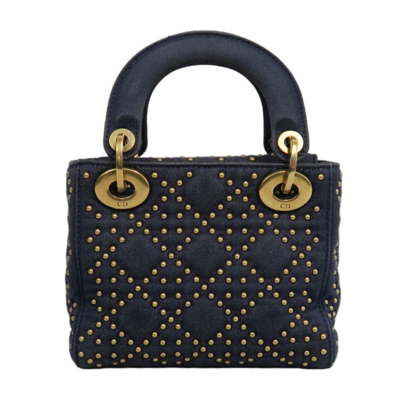 DIOR Lady Dior Cannage Studded Denim Blue Canvas 3-grid Handle Handbag With Gold Hardware