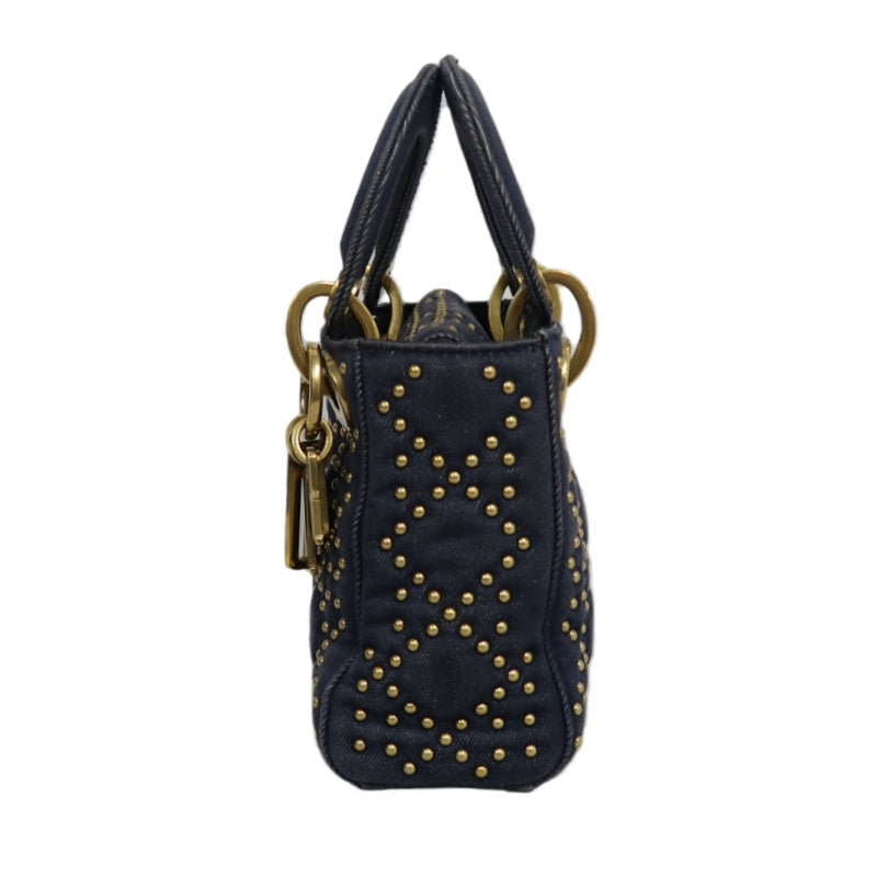 DIOR Lady Dior Cannage Studded Denim Blue Canvas 3-grid Handle Handbag With Gold Hardware