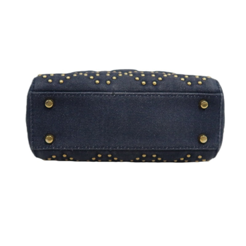 DIOR Lady Dior Cannage Studded Denim Blue Canvas 3-grid Handle Handbag With Gold Hardware