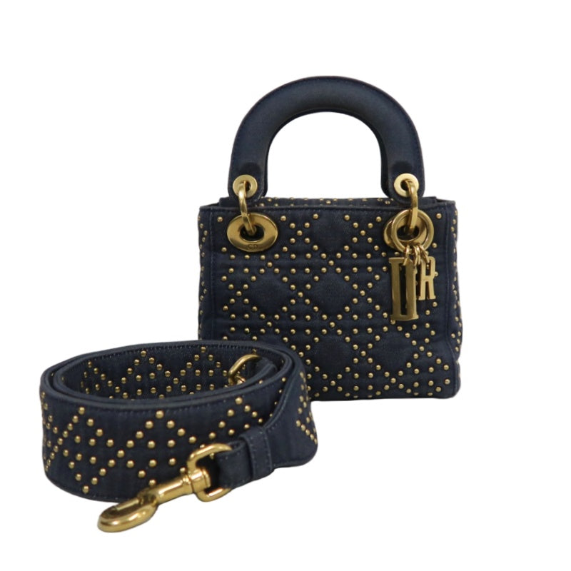 DIOR Lady Dior Cannage Studded Denim Blue Canvas 3-grid Handle Handbag With Gold Hardware