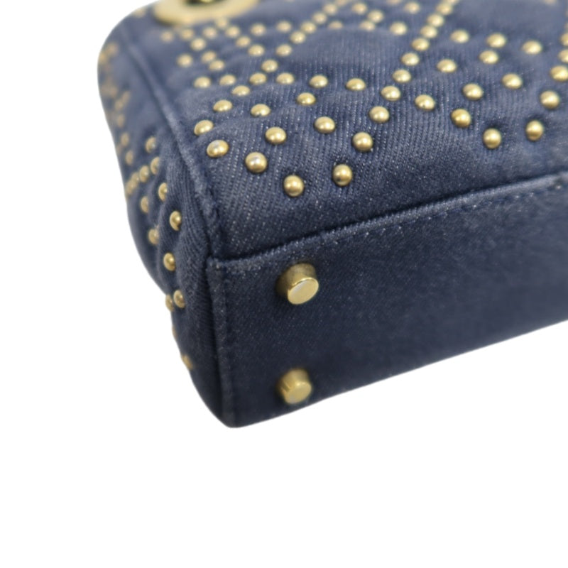 DIOR Lady Dior Cannage Studded Denim Blue Canvas 3-grid Handle Handbag With Gold Hardware