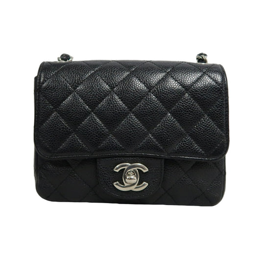 CHANEL Classic Flap Black Caviar Leather Quilted Flap Square Shoulder Bag With Silver Hardware