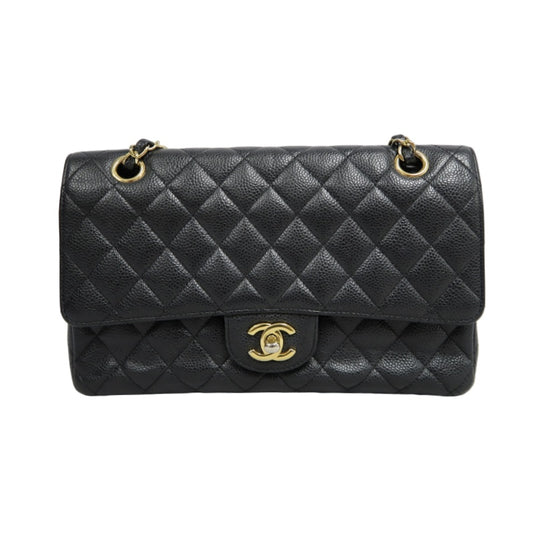 CHANEL Classic Flap Black Caviar Leather Quilted Flap Shoulder Bag With Gold Hardware, With Authenticity Card