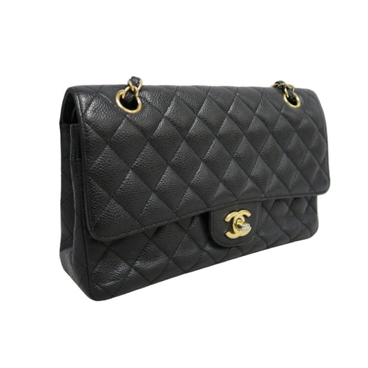 CHANEL Classic Flap Black Caviar Leather Quilted Flap Shoulder Bag With Gold Hardware, With Authenticity Card