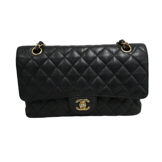 CHANEL Classic Flap Black Caviar Leather Quilted Flap Shoulder Bag With Gold Hardware