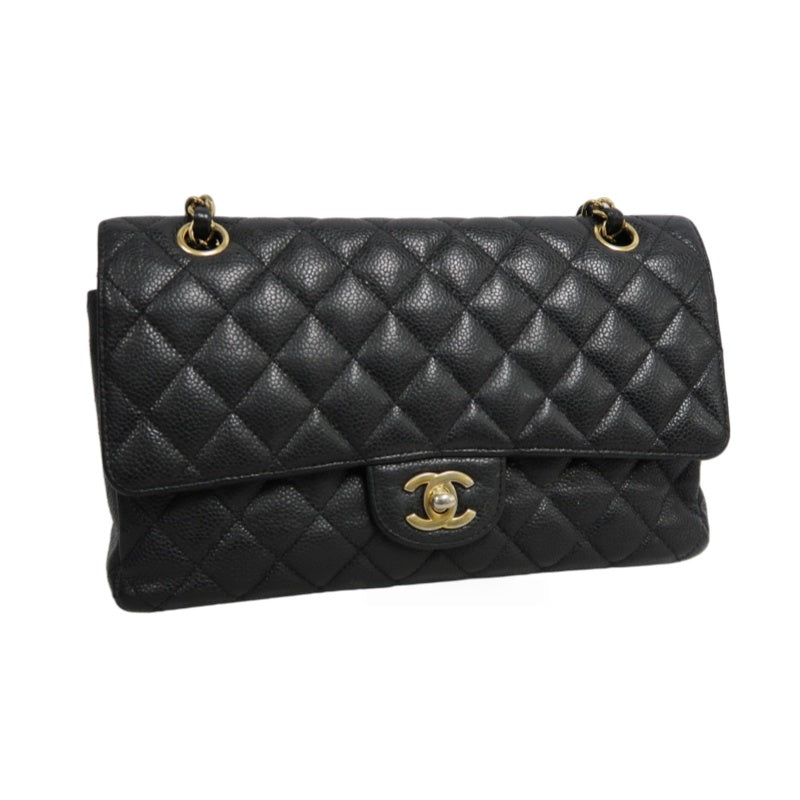 CHANEL Classic Flap Black Caviar Leather Quilted Flap Shoulder Bag With Gold Hardware
