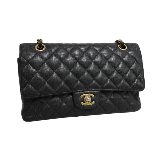 CHANEL Classic Flap Black Caviar Leather Quilted Flap Shoulder Bag With Gold Hardware