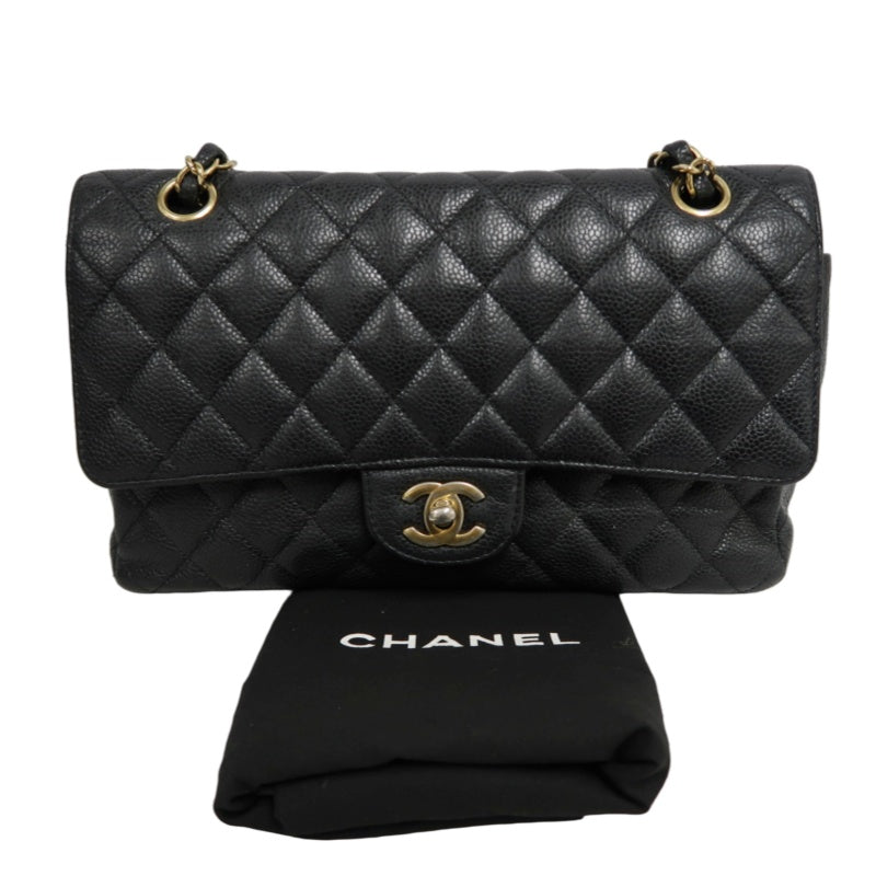 CHANEL Classic Flap Black Caviar Leather Quilted Flap Shoulder Bag With Gold Hardware