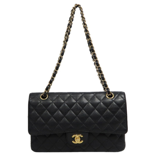 CHANEL Classic Flap Black Caviar Leather Quilted Flap Shoulder Bag With Gold Hardware