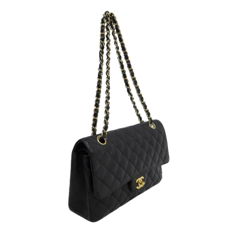 CHANEL Classic Flap Black Caviar Leather Quilted Flap Shoulder Bag With Gold Hardware