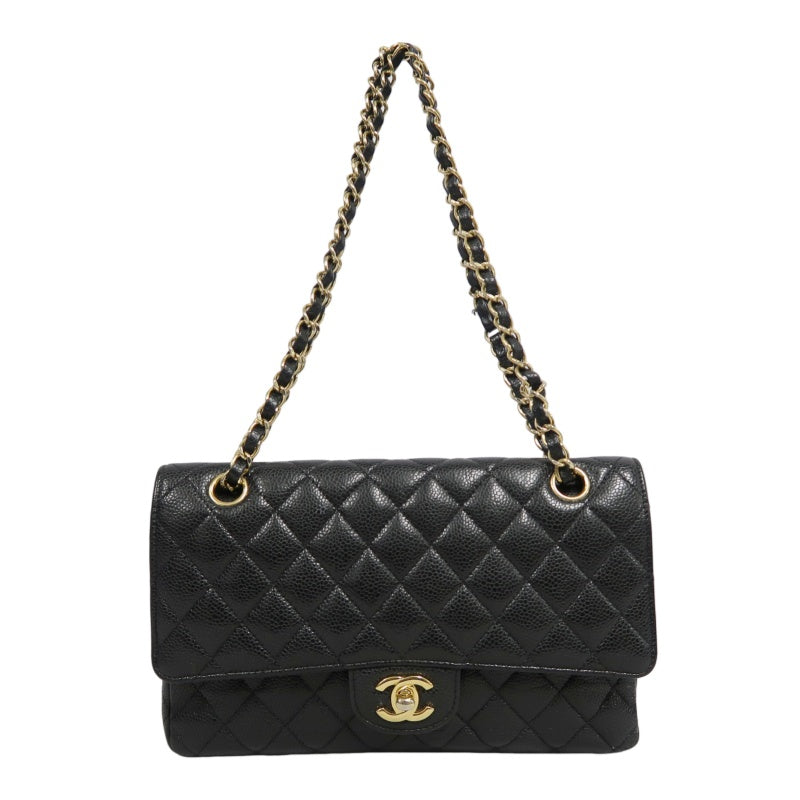 CHANEL Classic Flap Black Caviar Leather Quilted Flap Shoulder Bag With Gold Hardware