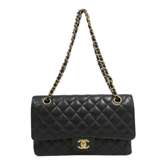 CHANEL Classic Flap Black Caviar Leather Quilted Flap Shoulder Bag With Gold Hardware