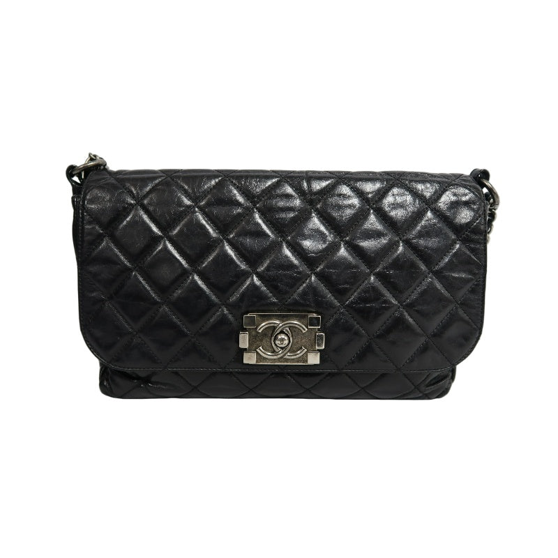 CHANEL Black Calfskin Waxy Quilted Flap Chain Crossbody Bag With Silver Hardware