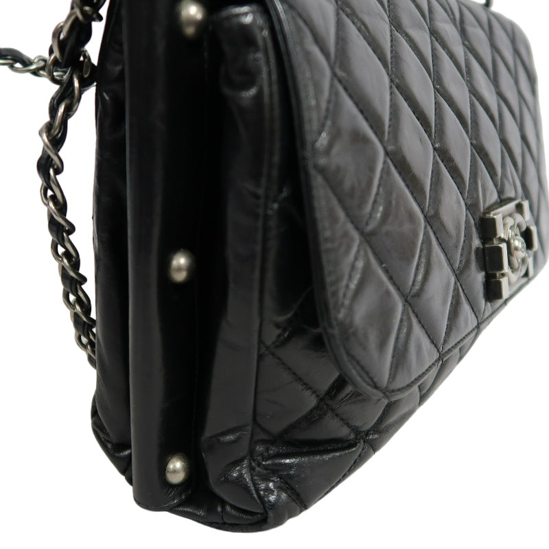 CHANEL Black Calfskin Waxy Quilted Flap Chain Crossbody Bag With Silver Hardware