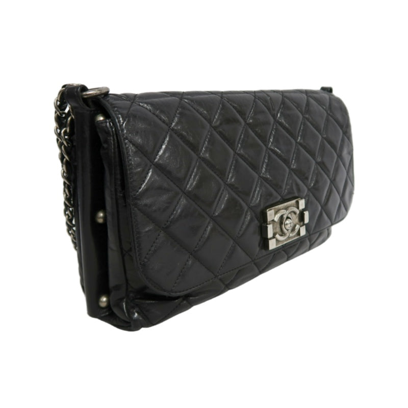 CHANEL Black Calfskin Waxy Quilted Flap Chain Crossbody Bag With Silver Hardware