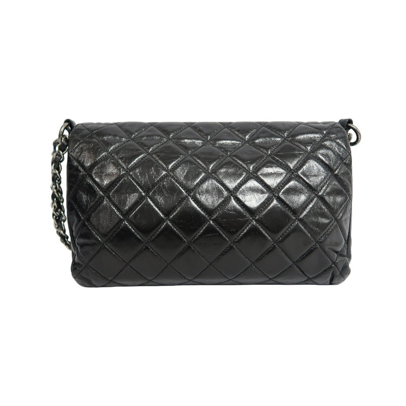 CHANEL Black Calfskin Waxy Quilted Flap Chain Crossbody Bag With Silver Hardware