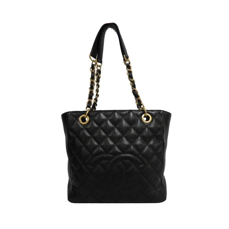 CHANEL GST Black Caviar Leather Quilted Chain Tote Shoulder Bag With Gold Hardware
